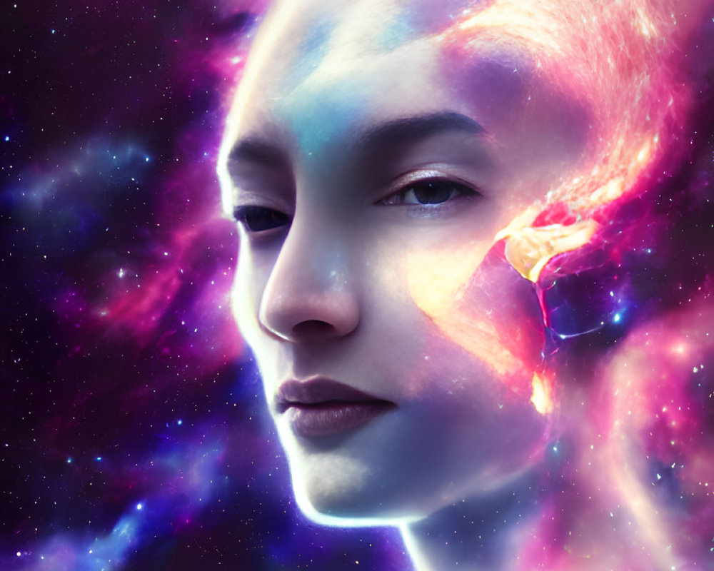 Portrait of a Woman Blending with Vibrant Cosmic Nebula