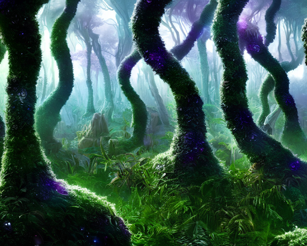 Enchanting forest with twisted trees and glowing purple flora