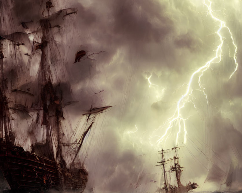 Stormy Sea Battle Scene with Tall Ships and Lightning