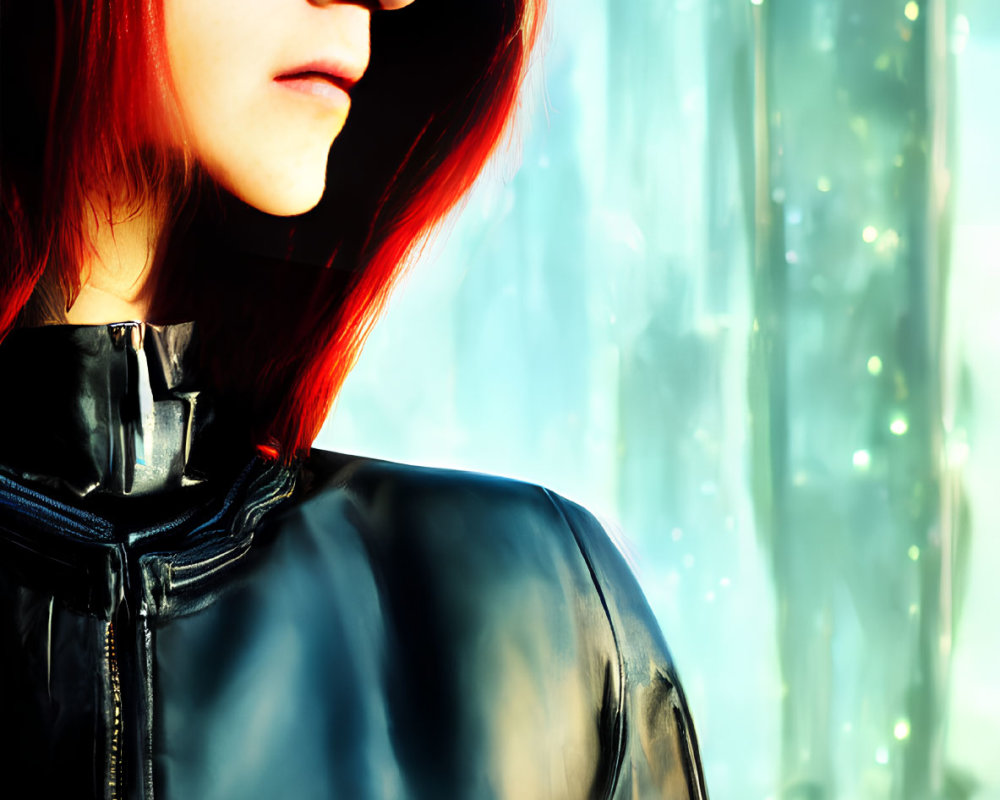 Red-haired person in futuristic sunglasses against cityscape.