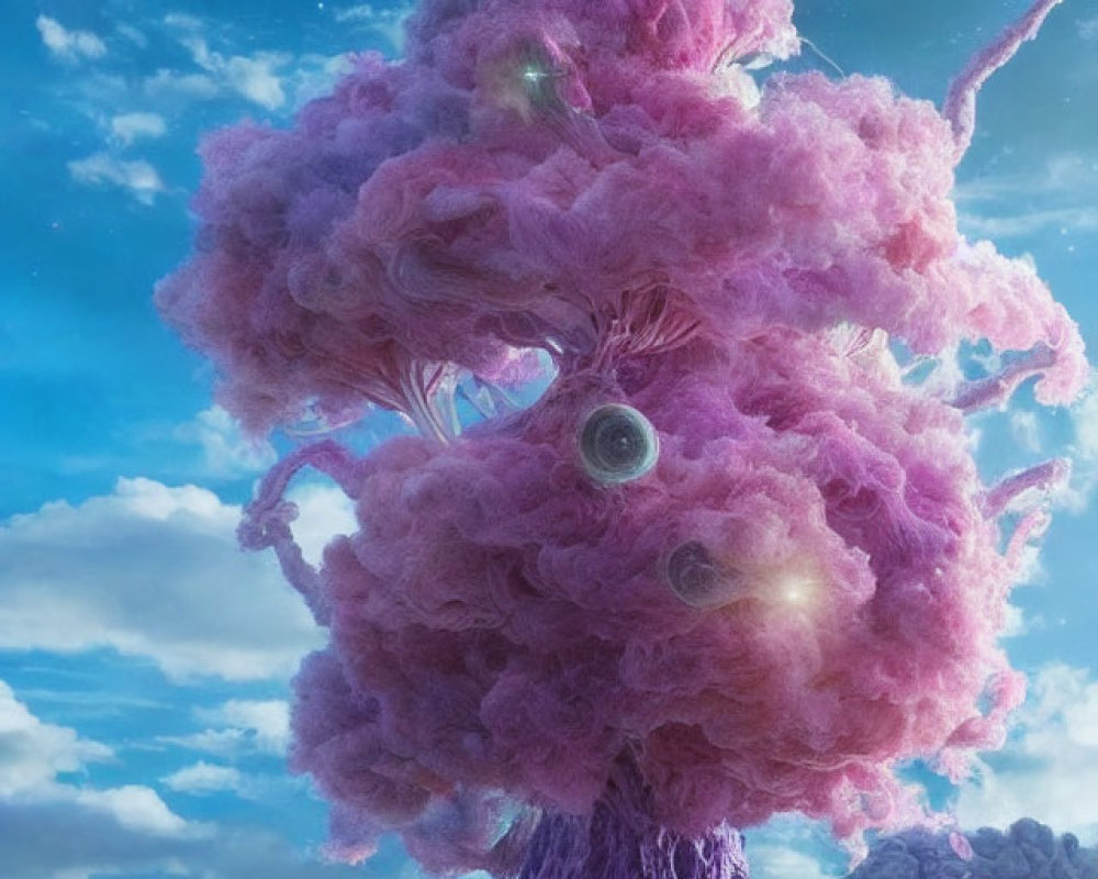 Vibrant Pink Tree with Cloud-like Foliage and Planets in Blue Sky