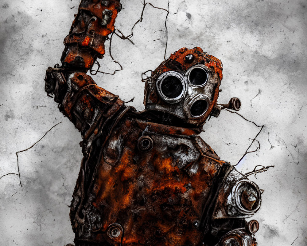 Rusted robot with multiple appendages on cracked gray background