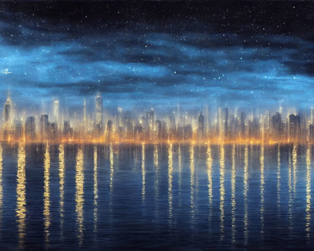 Urban skyline illuminated at night with starry sky and crescent moon reflected on water