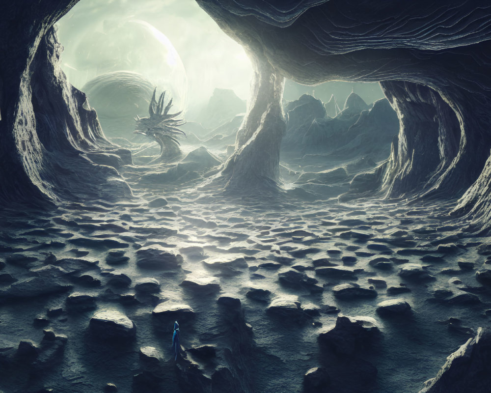 Alien cave with humanoid figure and distant creature under celestial sky