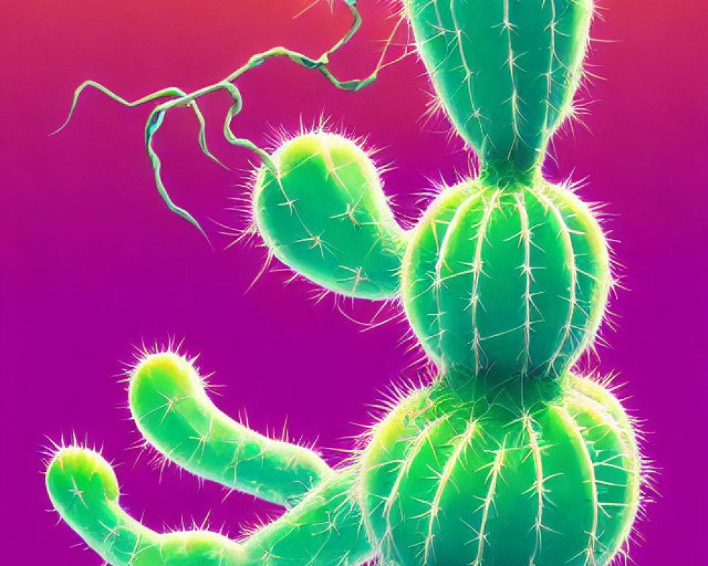 Fluorescent green cactus holding barbell on colorful background