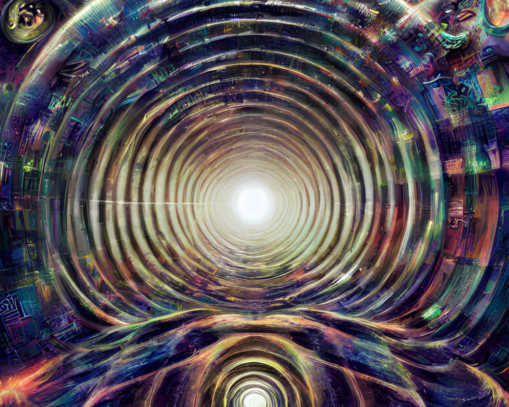 Colorful digital artwork of circular tunnel with intricate patterns and bright center light