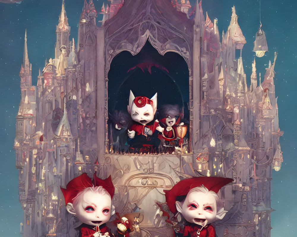 Whimsical vampire characters in opulent attire at a gothic castle in the sky