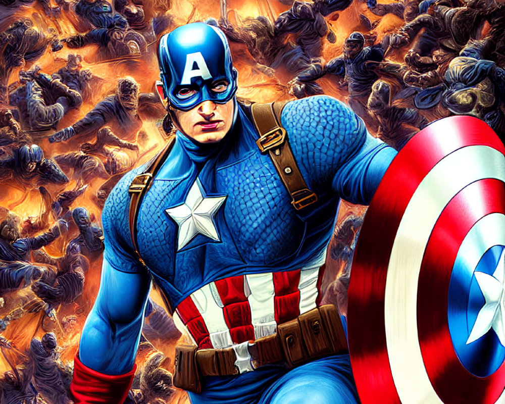 Captain America in chaotic battle with shield amid explosions