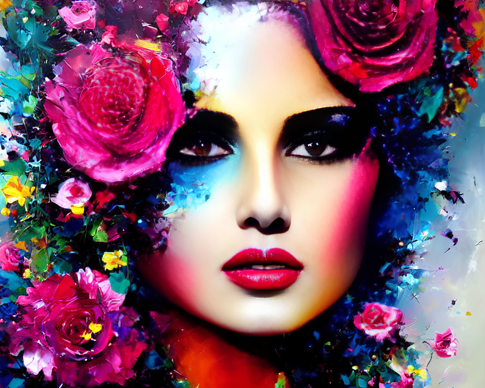 Colorful Floral Motif Surrounding Woman's Face with Pink Roses