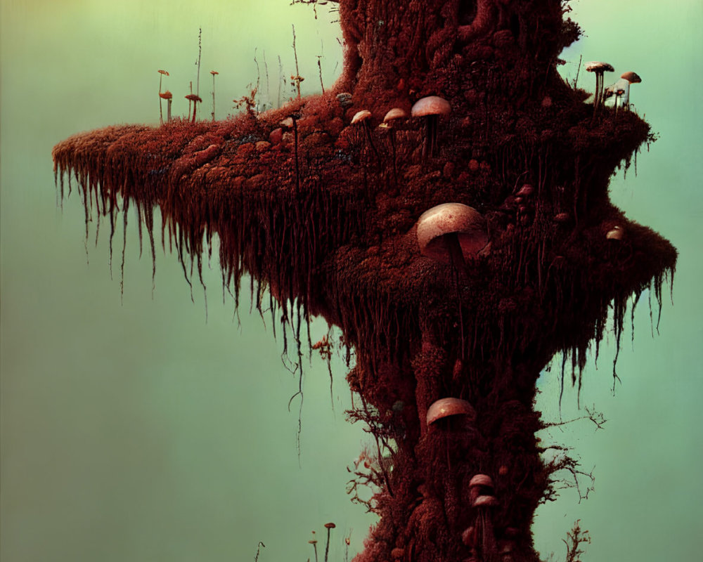 Red Mushroom-Covered Floating Island with Hanging Roots in Green and Orange Sky