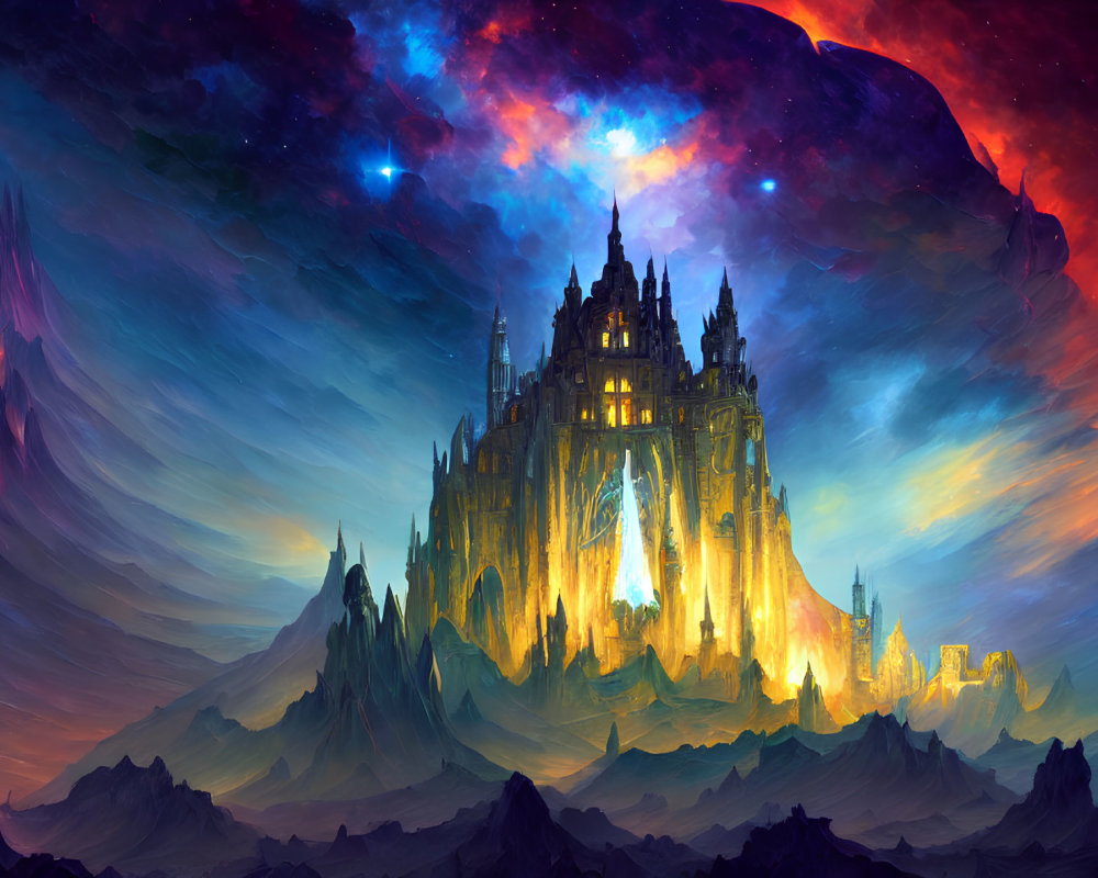 Majestic fantasy castle in golden light with cosmic sky