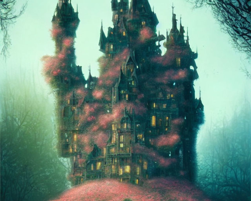 Eerie Gothic castle in misty forest with glowing entrance