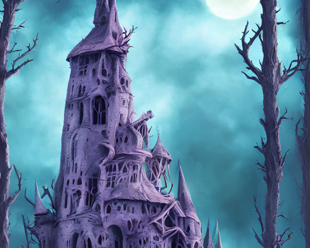 Gothic castle with spirals and arches under full moon