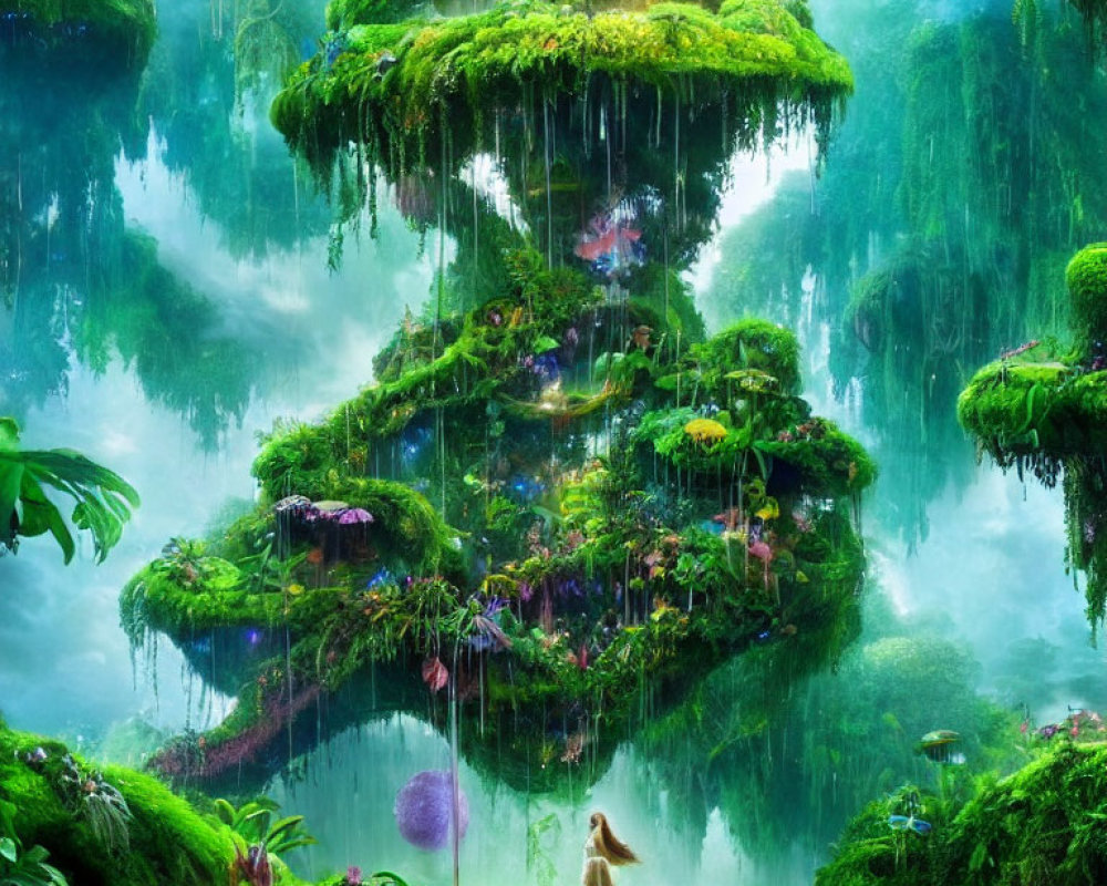 Enchanting forest with floating islands and waterfalls captured in a serene moment