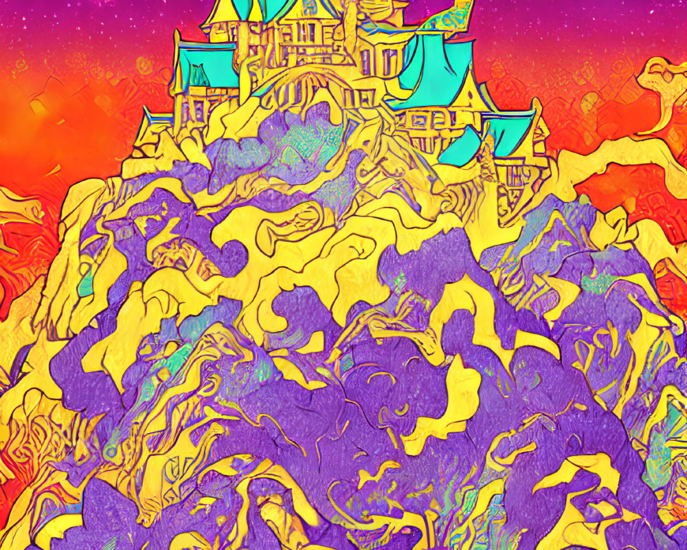 Colorful Psychedelic Castle on Mountain with Swirling Patterns