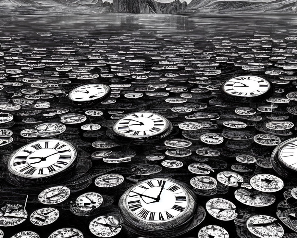 Monochrome surreal landscape with floating clocks on water