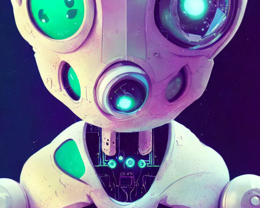 Futuristic robot digital artwork with expressive green eyes