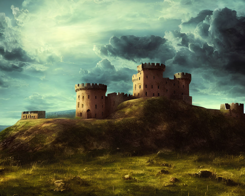 Medieval castle on grassy hill under dramatic cloudy sky