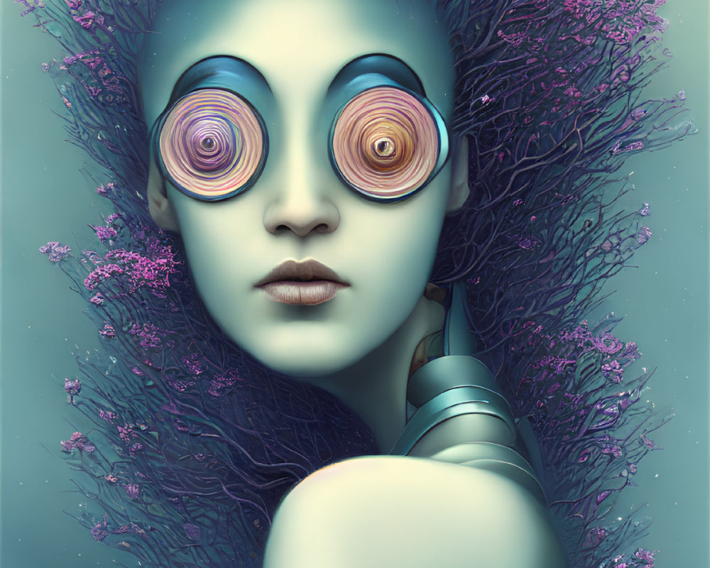 Surreal digital art of female figure with swirling eyes and purple flowering hair