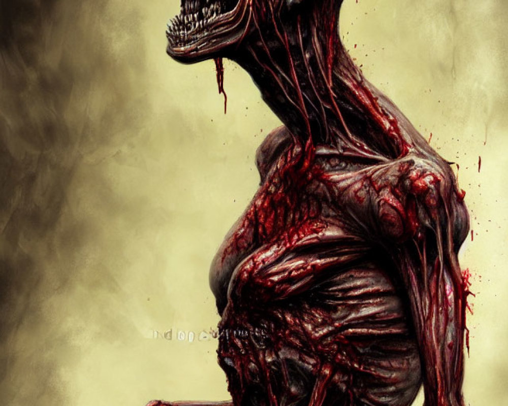 Detailed zombie illustration with gruesome musculature and blood, mouth open in ferocious expression