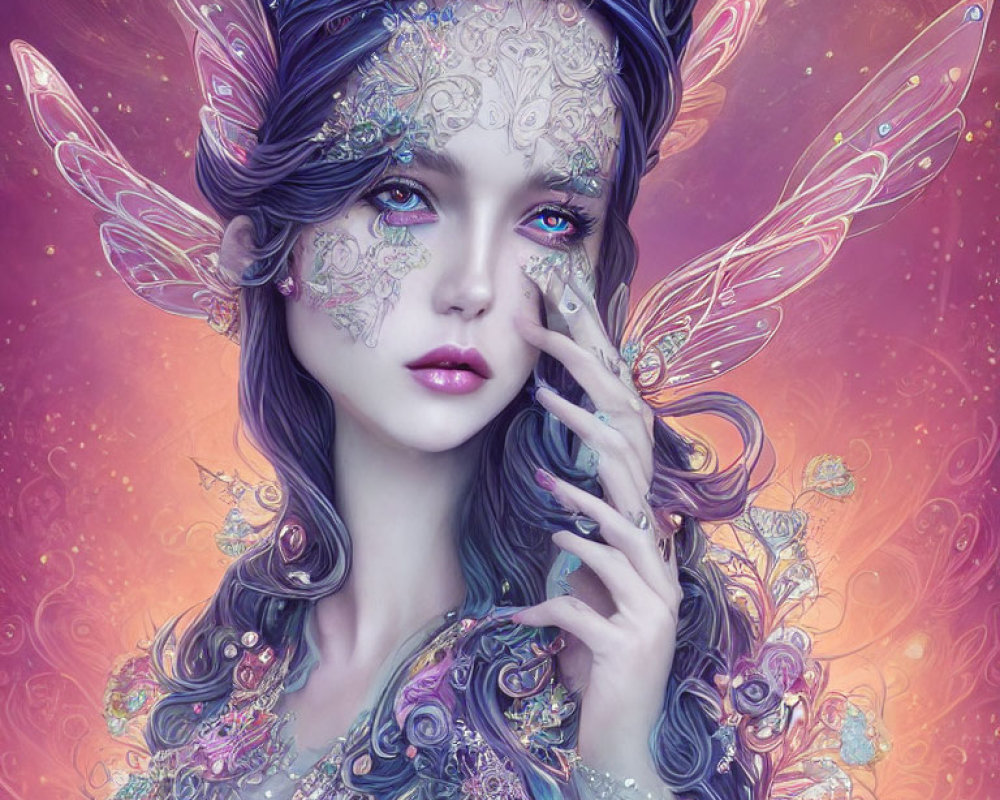 Fantasy illustration of female figure with floral patterns and butterfly wings