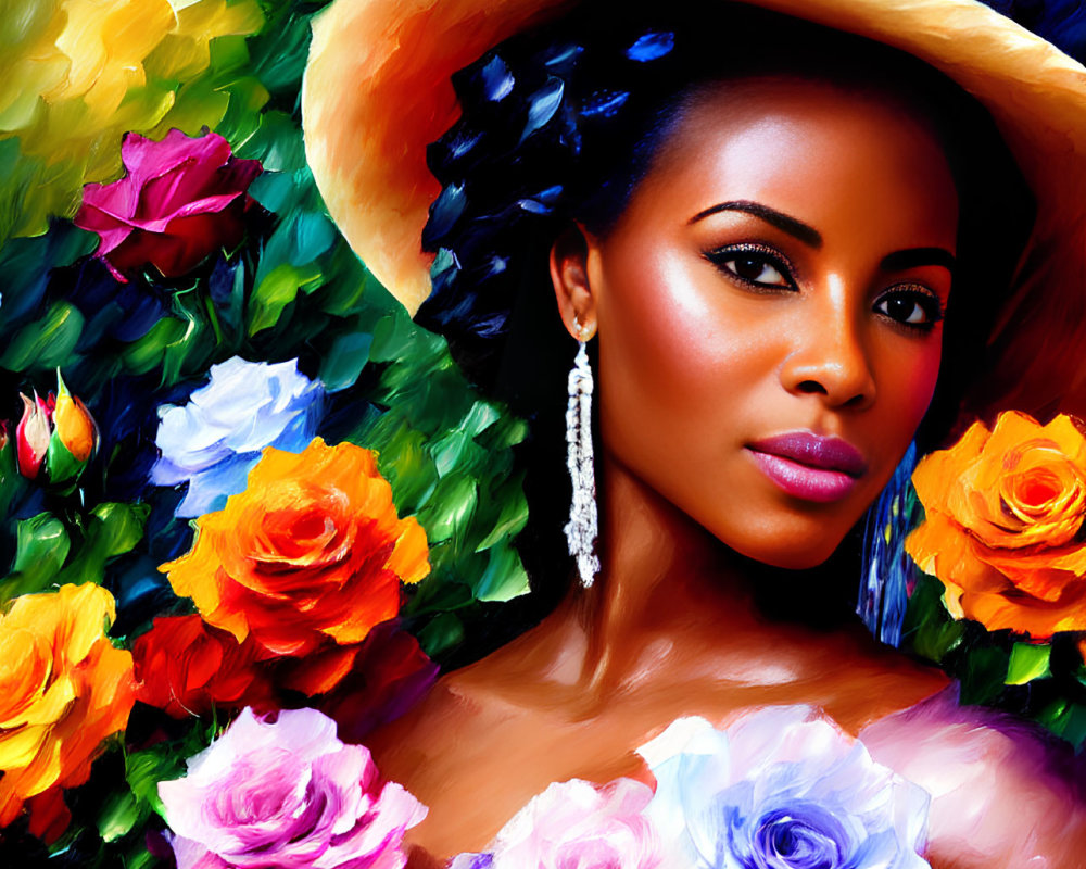 Colorful painting of woman in straw hat surrounded by roses