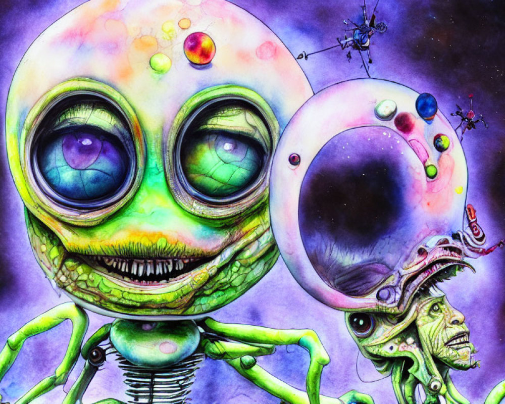 Vibrant artwork featuring large-eyed alien, small spaceships, and humanoid figure