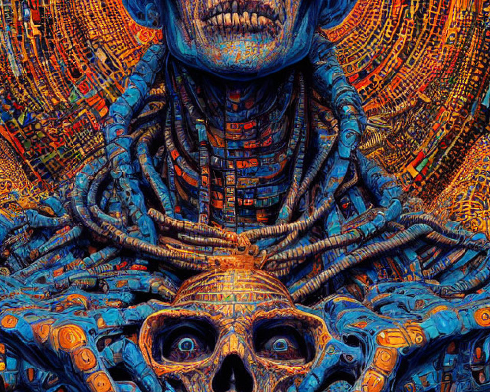 Colorful artwork of skeletal figure holding a skull in intricate mechanical setting