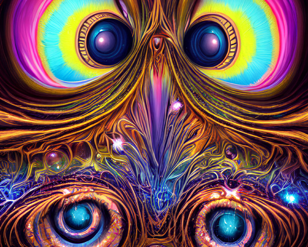 Colorful Owl Illustration with Psychedelic Patterns on Cosmic Background