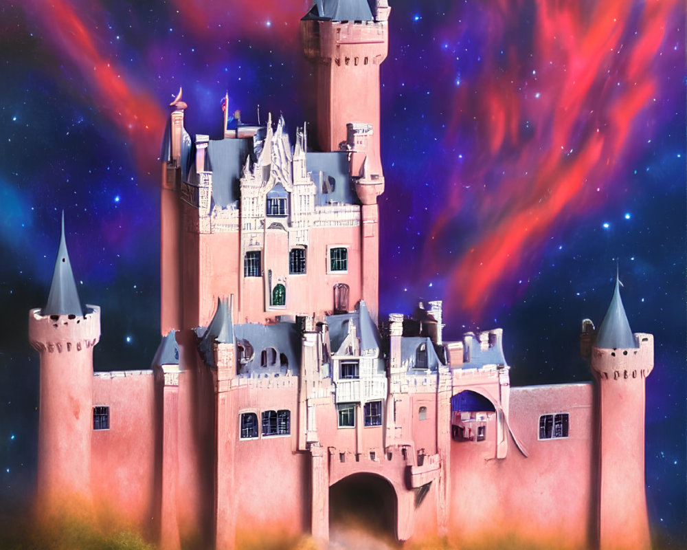 Pink castle with multiple towers in vibrant sky over water.