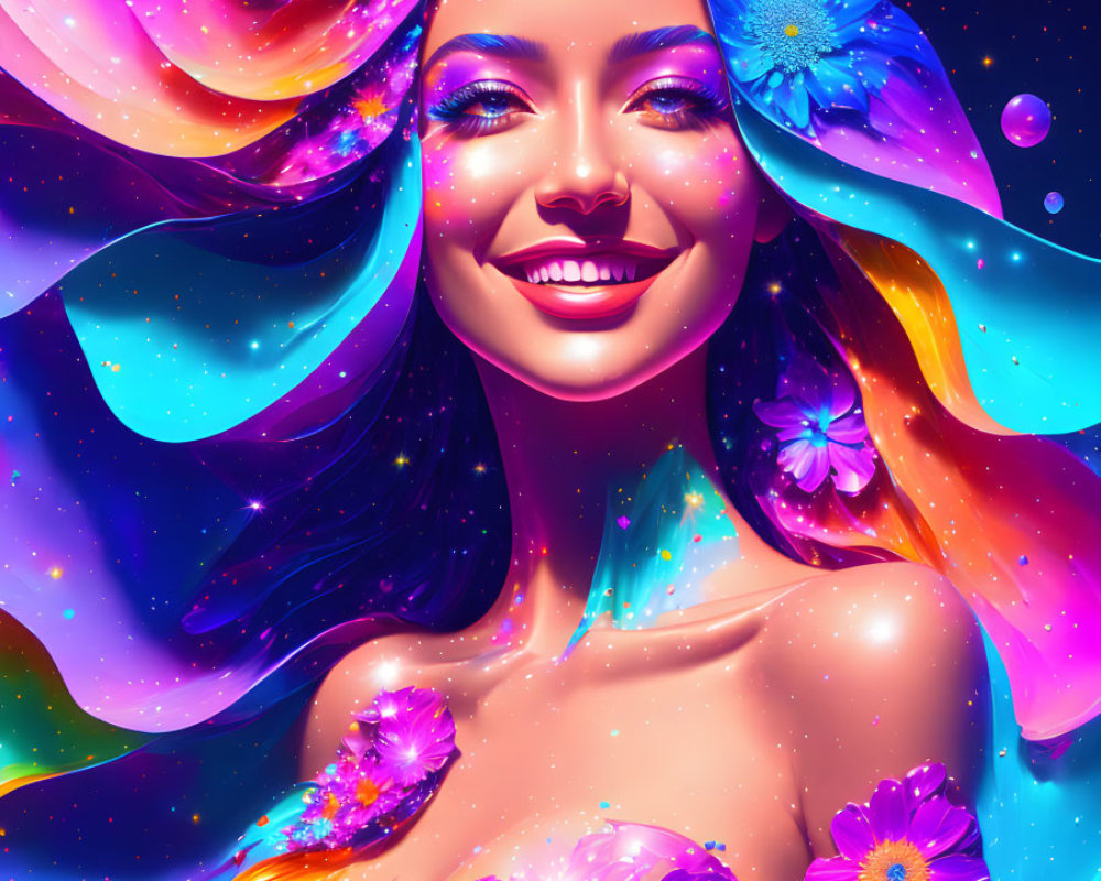 Colorful illustration of woman with cosmic hair and flowers in joyful pose against starry space backdrop