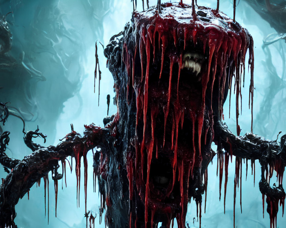 Monstrous figure with red dripping fangs in dark, eerie setting