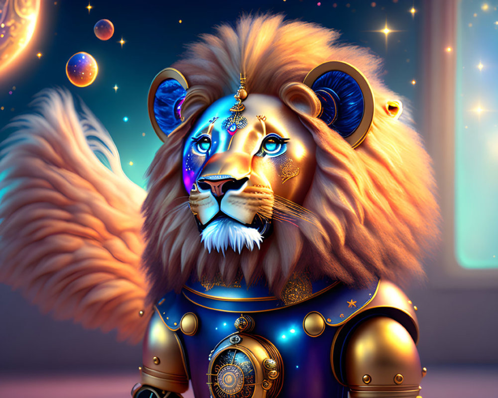 Animated lion with celestial armor in cosmic setting