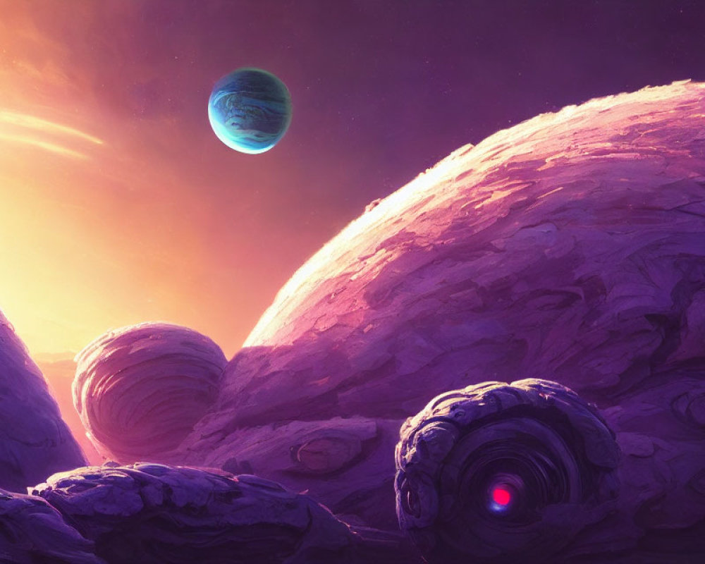 Vibrant sci-fi landscape with textured planets in purple and pink hues