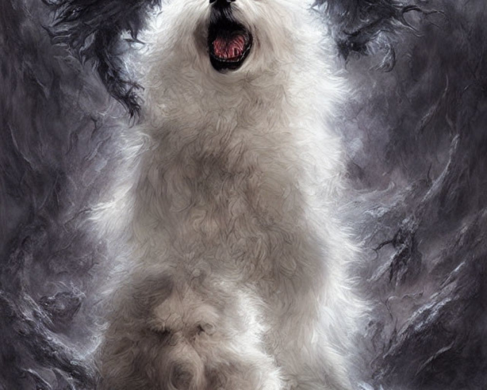 White fluffy dog with smaller companion and dark-winged creature silhouette.