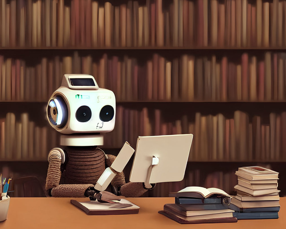 Robot with monitor face reading book at desk surrounded by books and bookshelf.