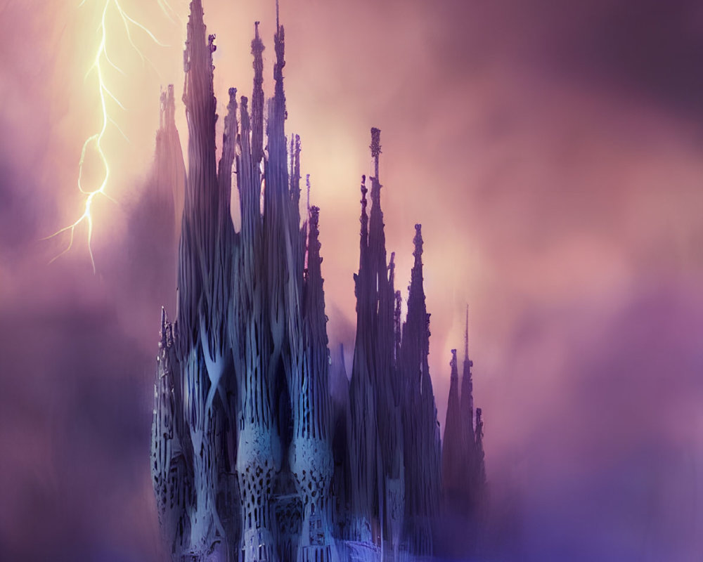 Ethereal fantasy landscape with white castle under purple sky