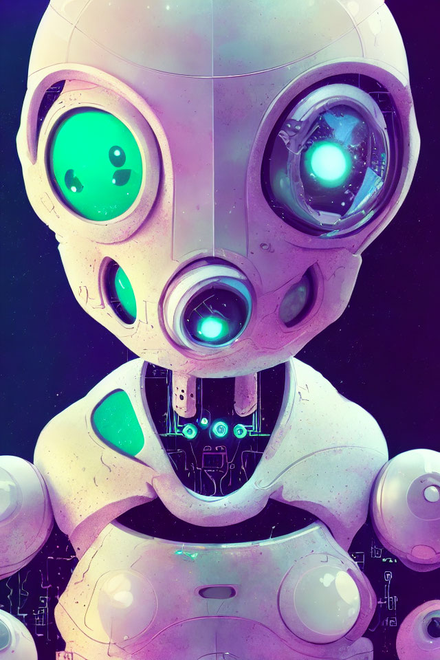 Futuristic robot digital artwork with expressive green eyes