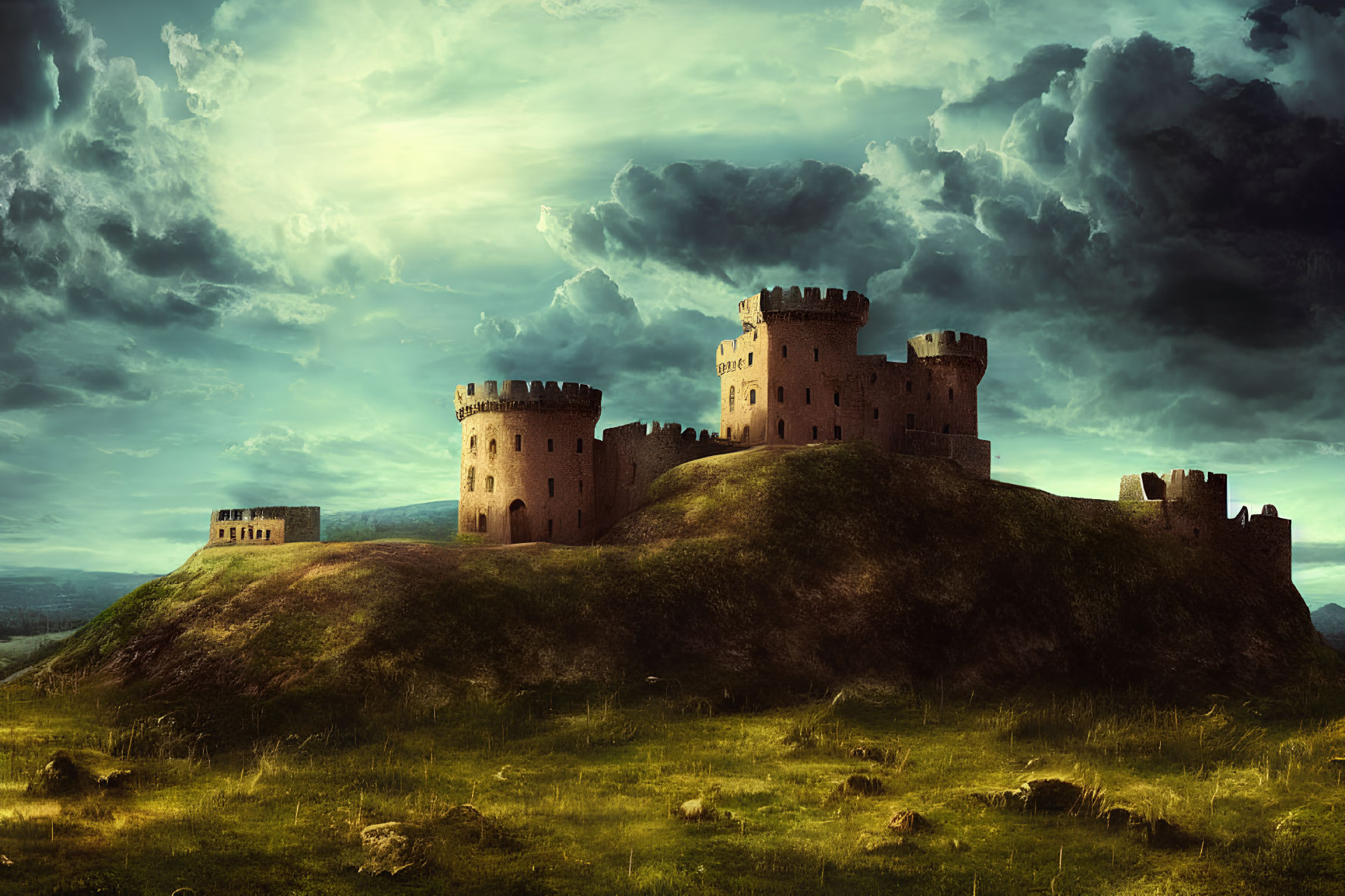 Medieval castle on grassy hill under dramatic cloudy sky