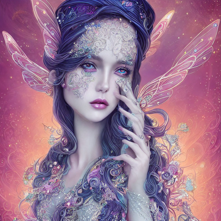 Fantasy illustration of female figure with floral patterns and butterfly wings