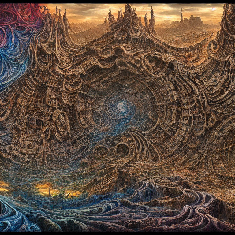 Intricate Earthy Fractal Landscape with Colorful Sky