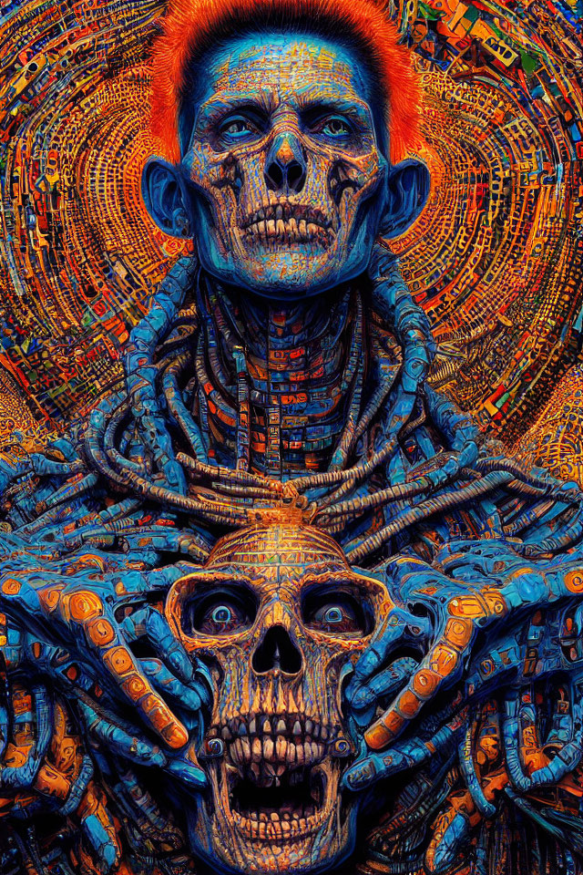 Colorful artwork of skeletal figure holding a skull in intricate mechanical setting