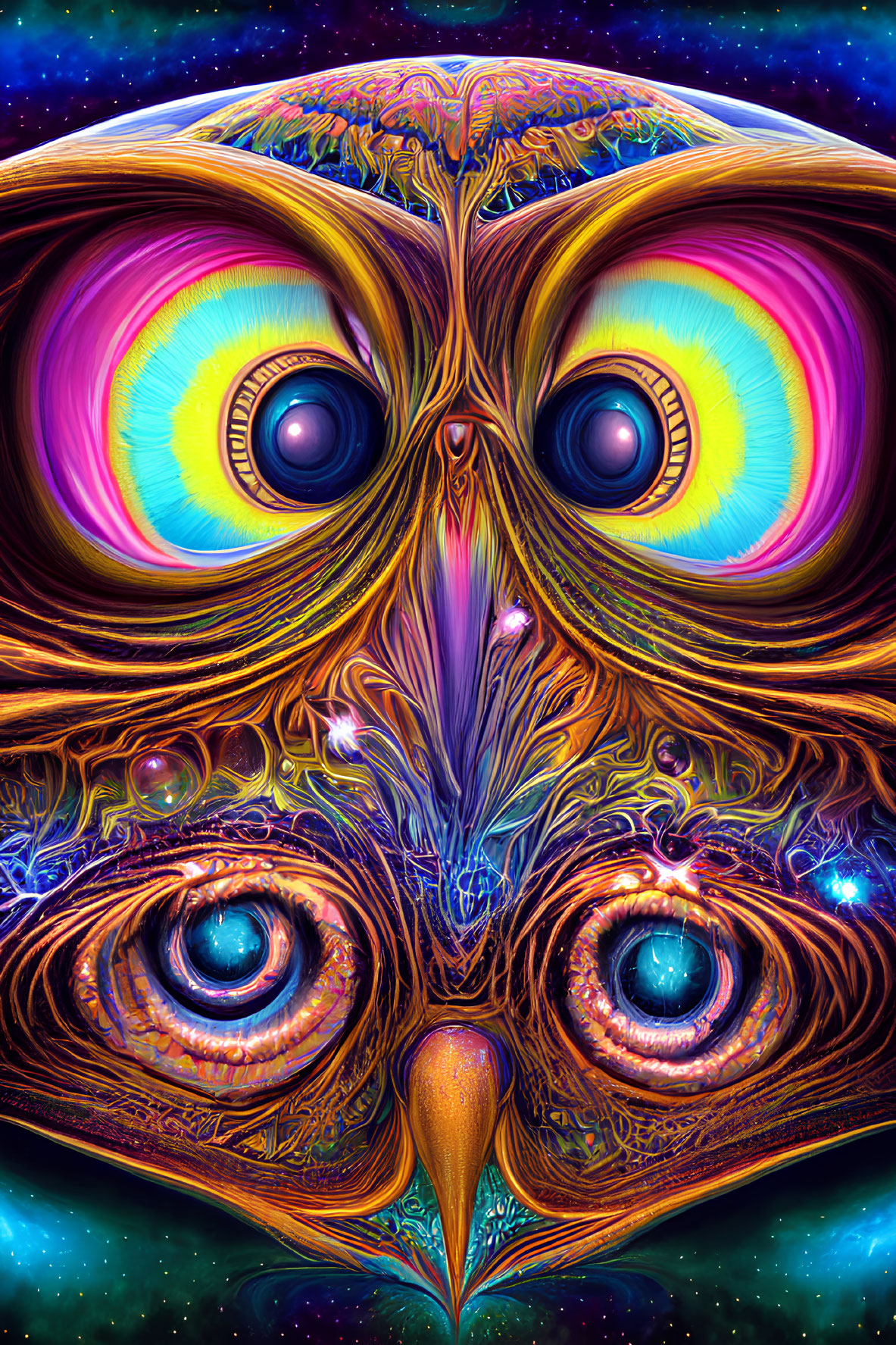 Colorful Owl Illustration with Psychedelic Patterns on Cosmic Background