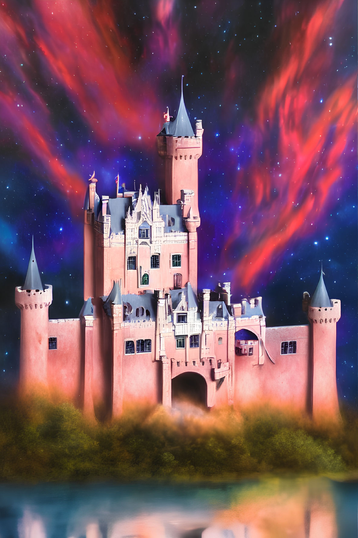 Pink castle with multiple towers in vibrant sky over water.