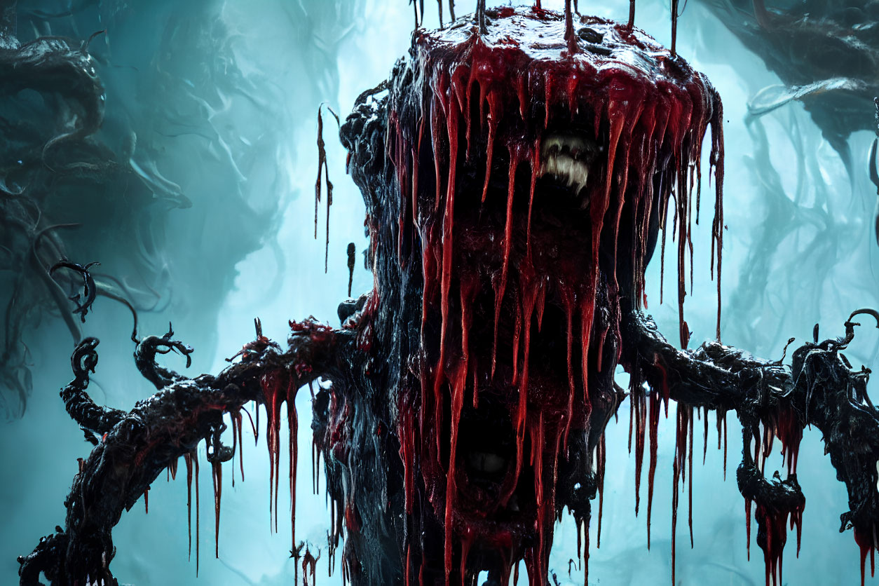 Monstrous figure with red dripping fangs in dark, eerie setting