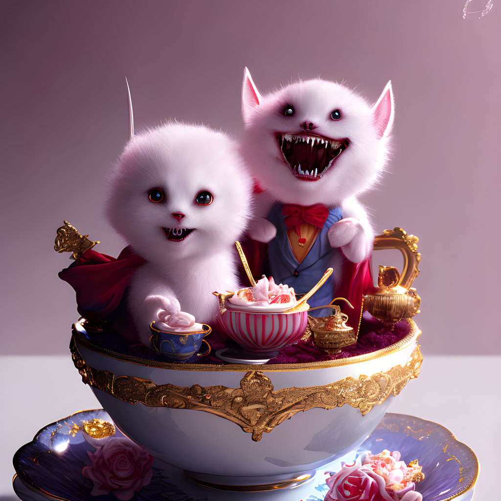 Whimsical furry creatures in ornate teacup with tea set and pastries