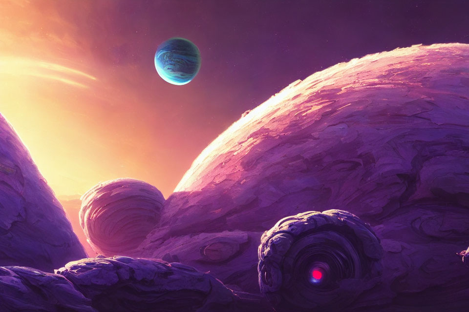 Vibrant sci-fi landscape with textured planets in purple and pink hues