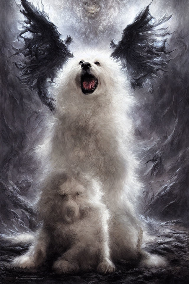 White fluffy dog with smaller companion and dark-winged creature silhouette.