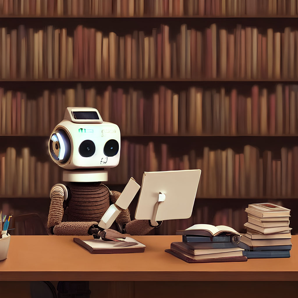 Robot with monitor face reading book at desk surrounded by books and bookshelf.