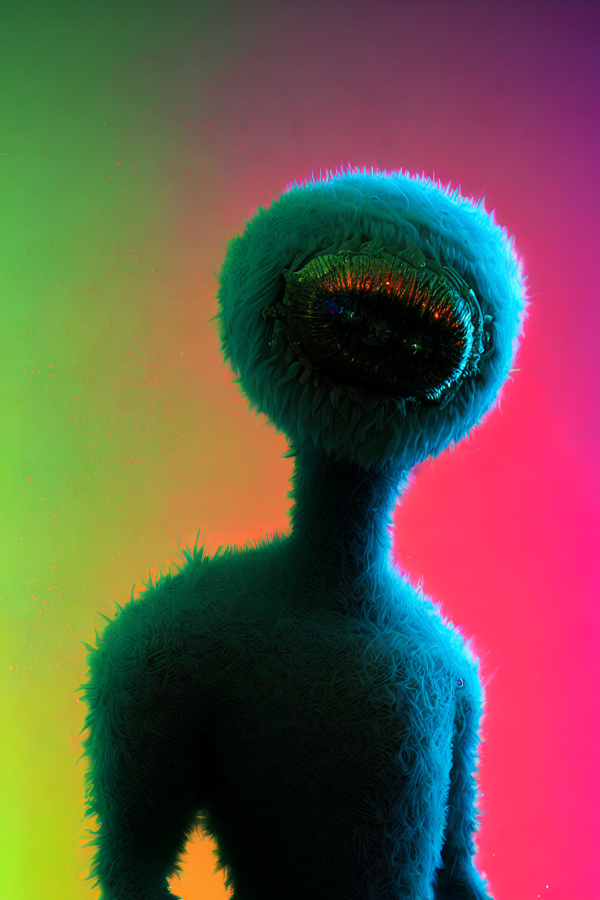 Vibrant digital artwork: alien with large eye, furry skin, neon background